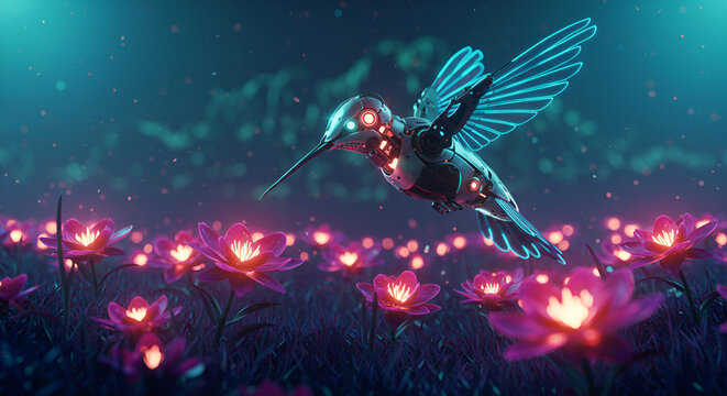 Futuristic robotic hummingbird hovers over glowing lotus flowers in a vibrant field