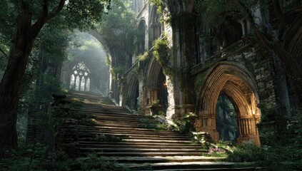 Naklejka premium Ruined cathedral, overgrown with nature