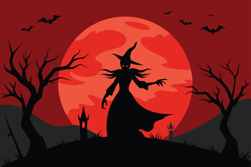 Fototapeta premium Witch Flying Over Red Moon Vector Illustration