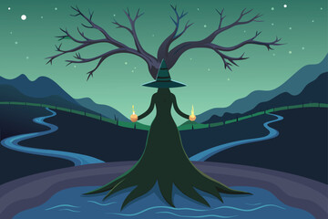 Witch Standing Under Magical Tree Vector