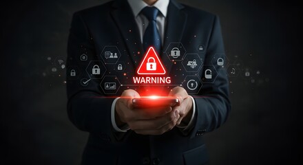 Cybersecurity Warning: Businessman Holding a Smartphone with Security Icons