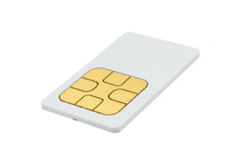 A white sim card with a gold chip is isolated on a transparent background