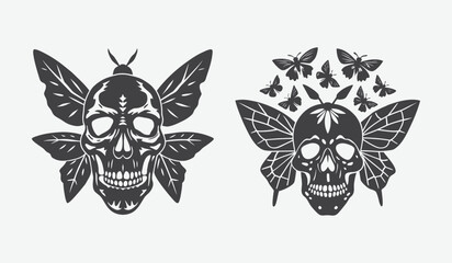Two distinct skull and butterfly designs presented as a silhouette isolated on white background
