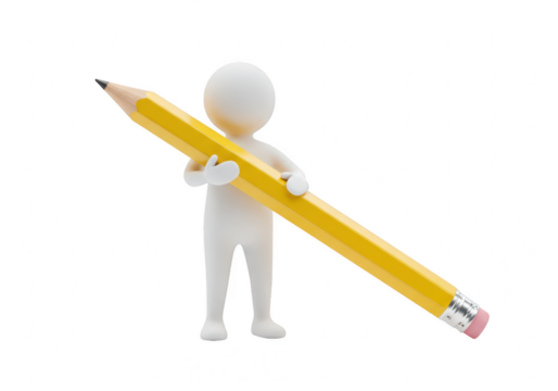 A 3d white character person holding a large yellow pencil isolated on a transparent background