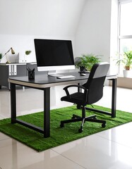 Modern home office with computer, chair, and green rug