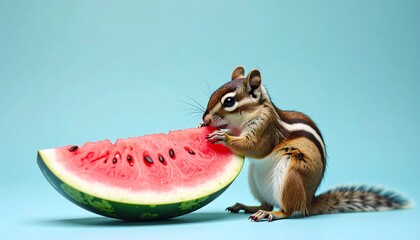 Fototapeta premium Mini squirrel holding watermelon wedge and smiling