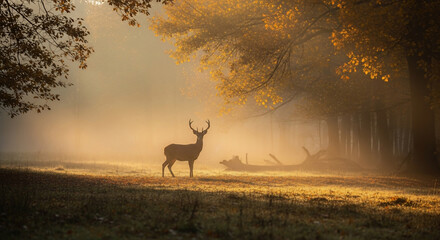 Obraz premium Majestic Red Deer Stag in Golden Misty Autumn Forest at Sunrise