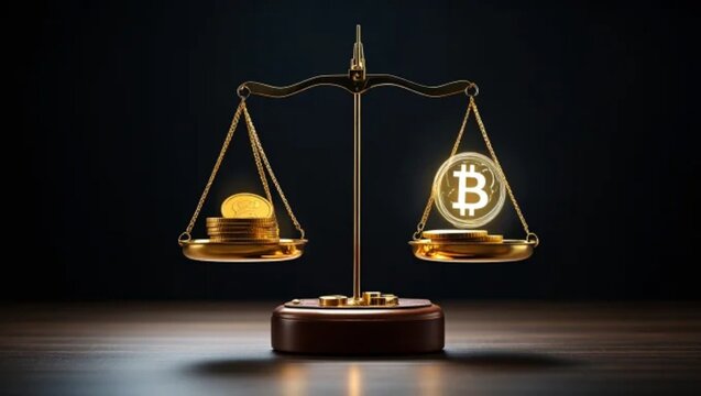 Cryptocurrency versus fiat currency on a balanced scale