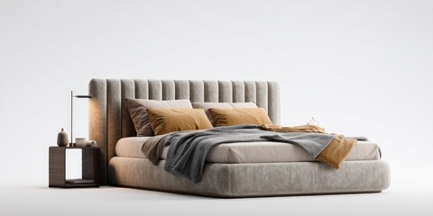 A modern upholstered bed with a tall headboard, featuring vertical channel tufting, sits on a minimalist white background.  It's styled with muted grey and gold bedding, and a small bedside table