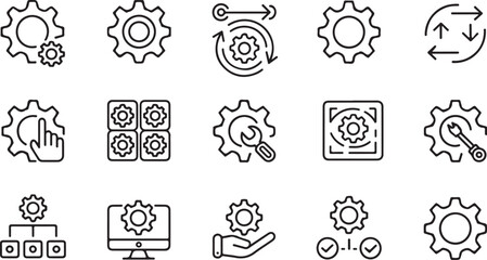 Setup and Settings System Thin Line Icons – Configuration, Maintenance, and Optimization Symbol Set

