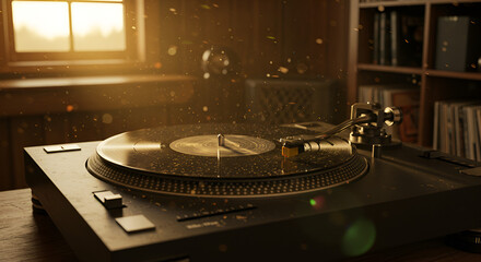 Obraz premium Vintage vinyl record player spinning in a cozy room with warm sunlight streaming through the window