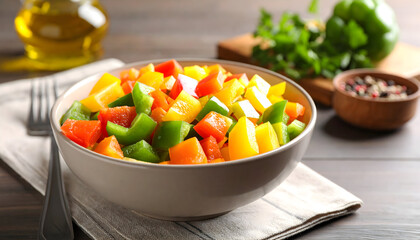 Colorful chopped bell peppers in bowl