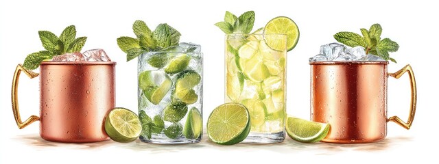 Four refreshing iced drinks in copper mugs and glasses, garnished with lime and mint