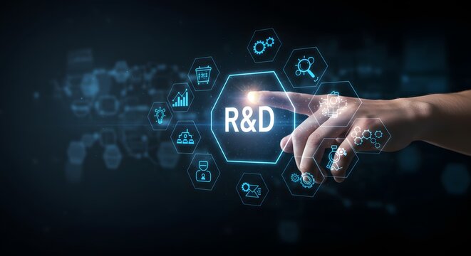 R&D Innovation Concept: Hand Touching Digital Interface