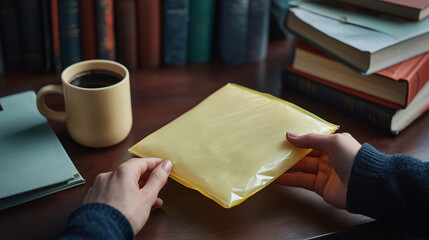 Hand holding a plastic mailer courier mockup at working table with books.