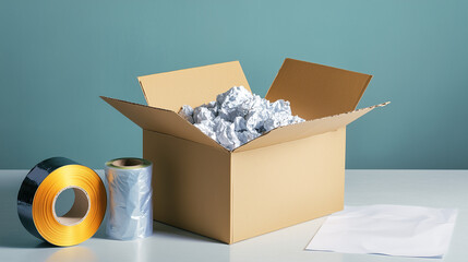 An open cardboard box with crumpled paper filling against teal background