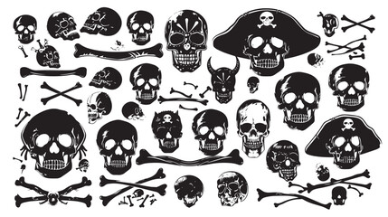 Fototapeta premium Skeletons. Large set of skulls, bones and pirate symbols , black silhouettes isolated on white background 