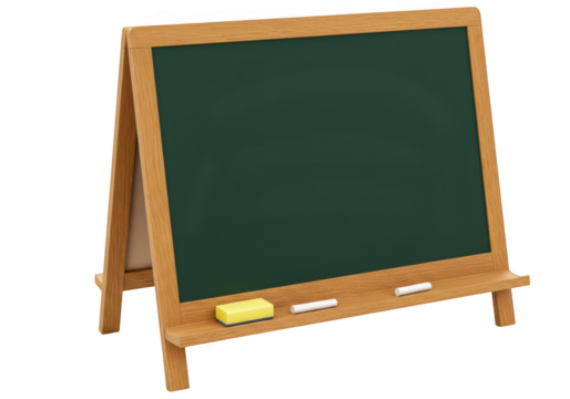 A wooden easel blackboard with chalk and an eraser, isolated on a transparent background - Powered by Adobe