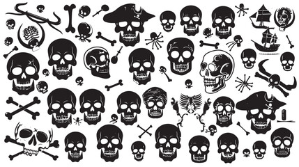 Skeletons. Large set of skulls, bones and pirate symbols , black silhouettes isolated on white background 