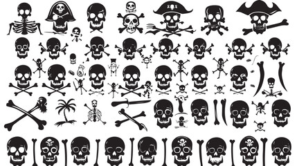 Skeletons. Large set of skulls, bones and pirate symbols , black silhouettes isolated on white background 