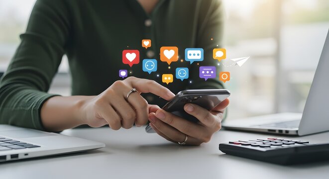 Woman Using Smartphone with Social Media Icons
