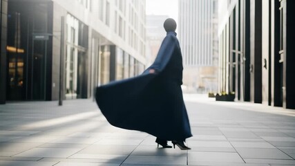 Elegant Woman Twirling in a Long Blue Coat, Modern City Street Fashion