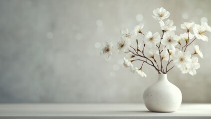 Delicate white blossoms in a simple vase against a muted background