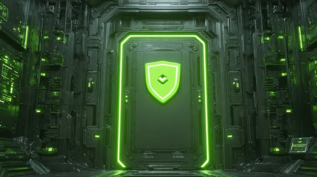 Futuristic secure door with glowing green shield icon in high-tech environment, concept of digital protection, cybersecurity, and data vault access