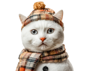White cat wearing plaid hat and scarf snowman costume carrot nose winter theme isolated background cute and cozy festive mood pet portrait holiday season