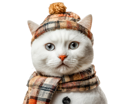 White cat wearing plaid hat and scarf snowman costume carrot nose winter theme isolated background cute and cozy festive mood pet portrait holiday season
