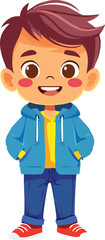 Cartoon illustration of a happy boy wearing a blue jacket and jeans.