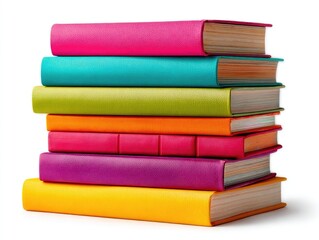 Stack of colorful hardcover books on white