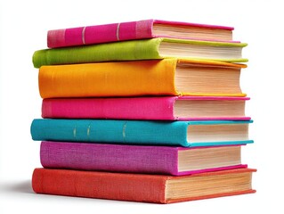 A stack of colorful hardcover books on a white background
