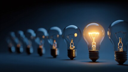 Unique light bulb shines brightest among many others in a dark setting to symbolize innovation and ideas
