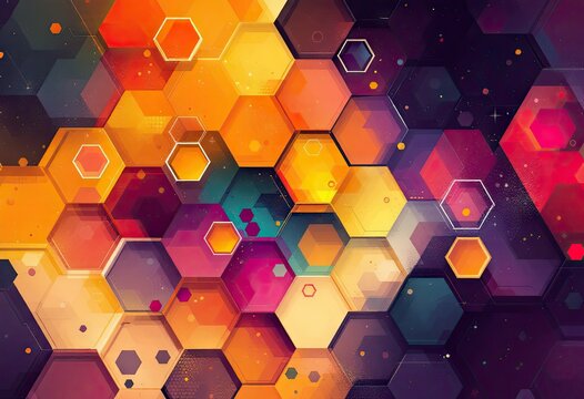 Vibrant honeycomb pattern with diverse, saturated colors, glowing highlights and dark space-like background.  Hexagons vary in shade and intensity creating a dynamic, almost three-dimensional effect