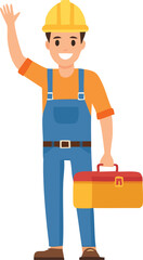 Happy construction worker waving, carrying toolbox, ready for work.