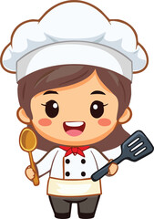 A cute cartoon female chef in a white uniform holding a spoon and spatula.