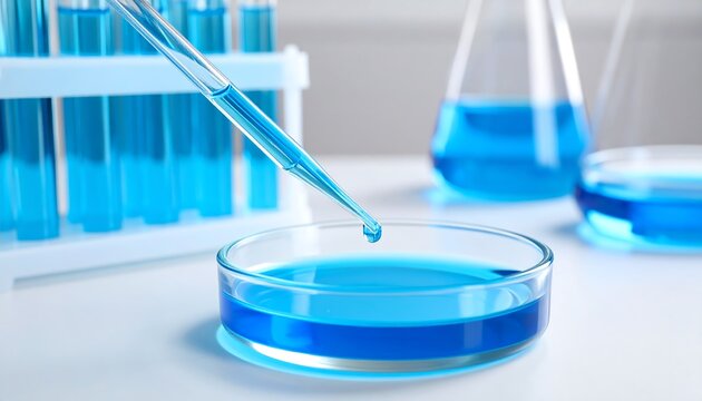 Pipette dropping blue liquid into petri dish; test tubes and beakers in background