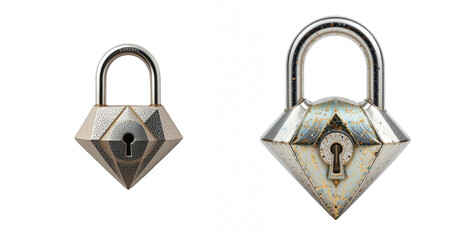 Set of Worn Diamond-Shaped Metal Padlocks on Transparent Background