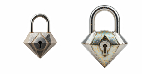 Set of Worn Diamond-Shaped Metal Padlocks on Transparent Background