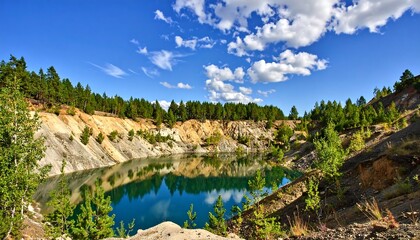 Scenic aerial landscape of a quarry lake surrounded by lush trees and vegetation