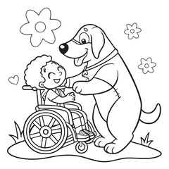Kawaii Dog Hugging Child in Wheelchair – Coloring Book Style Vector for Inclusion and Kindness