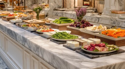 Lavish buffet spread with various fresh fruits, vegetables, cheeses, and prepared foods displayed on a marble countertop