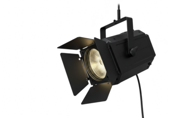 A black theater spotlight with adjustable barn doors is suspended and ready to illuminate a stage isolated on transparent background