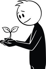 Stick figure holding plant seedling vector illustration growth concept black and white minimal art