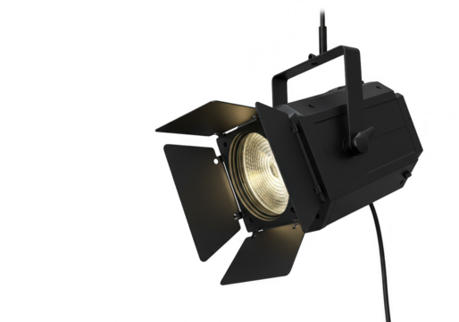 A black theater spotlight with adjustable barn doors is suspended and ready to illuminate a stage isolated on transparent background