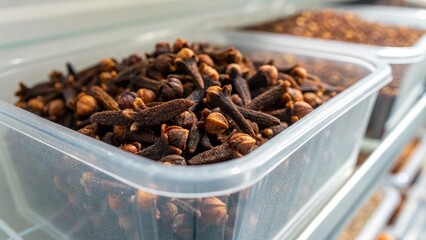 Obraz premium Frozen Whole Cloves Preserved in Transparent Plastic Box for Culinary and Herbal Use