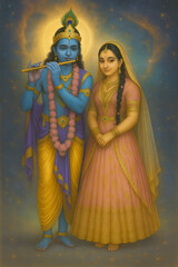 Fototapeta premium Glorious radha krishna in traditional attire under cosmic halo with flute for sri krishna janmashtami divine celebration and spiritual love portrait