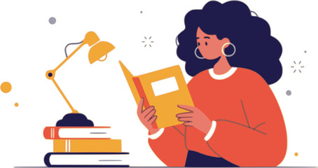 Colorful illustration of a woman reading a green book, partially hidden behind it. Modern flat design style, perfect for education, learning, literature, knowledge, and book lover concepts