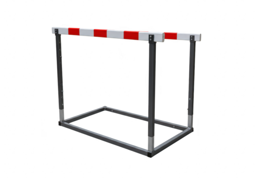 A standard athletic hurdle with red and white stripes stands ready for a race on a plain transparent background